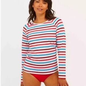 SPANX Ocean Striped Hibiscus Rash guard Swim Shirt Long Sleeve S